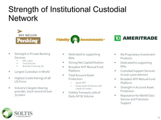 Strength of Institutional Custodial
Network
 Strength in Private Banking
Services
 NPL Loans
 Trust Services
 Business Financing, etc.
 Largest Custodian in World
 Highest Credit Ratings of all
US Firms
 Industry’s largest clearing
provider, track record of over
70 years
14
 Dedicated to supporting
RIAs
 Strong Net Capital Position
 Broadest NTF Mutual Fund
Platform
 TotalAccount Asset
Protection:
– $500k SIPC
– Excess Asset Protection with
Lloyds of London
 FidelityTransacts 10% of
Daily NYSEVolume
 No Proprietary Investment
Products
 Dedicated to supporting
RIAs
 Custodial Support Services
to over 4000 advisors
 Broadest NTF Mutual Fund
Platform
 Strength inAccount Asset
Protection
 Reputation for World Class
Service andTransition
Support
 