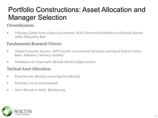 Portfolio Constructions: Asset Allocation and
Manager Selection
Diversification:
 Utilizing Global Asset Classes to Construct Well-Diversified Portfolios to Optimize Return
while Mitigating Risk
Fundamental Research Driven:
 Global Economic Factors: GDP Growth, Government Monetary and Fiscal Policies, Policy
Rates, Inflation, Currency Stability.
 Valuations are Important, Identify Market Opportunities
Tactical Asset Allocation:
 Fixed Income (Bonds) versus Equities (Stocks)
 Domestic versus International
 Asset Allocation Shifts, Rebalancing
31
 