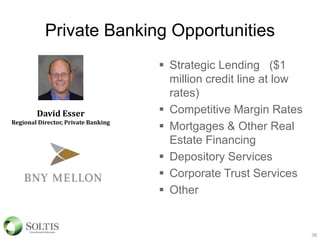 Private Banking Opportunities
38
 Strategic Lending ($1
million credit line at low
rates)
 Competitive Margin Rates
 Mortgages & Other Real
Estate Financing
 Depository Services
 Corporate Trust Services
 Other
David Esser
Regional Director, Private Banking
 