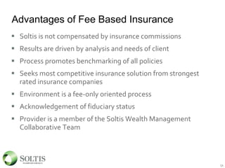 Advantages of Fee Based Insurance
 Soltis is not compensated by insurance commissions
 Results are driven by analysis and needs of client
 Process promotes benchmarking of all policies
 Seeks most competitive insurance solution from strongest
rated insurance companies
 Environment is a fee-only oriented process
 Acknowledgement of fiduciary status
 Provider is a member of the Soltis Wealth Management
Collaborative Team
5151
 