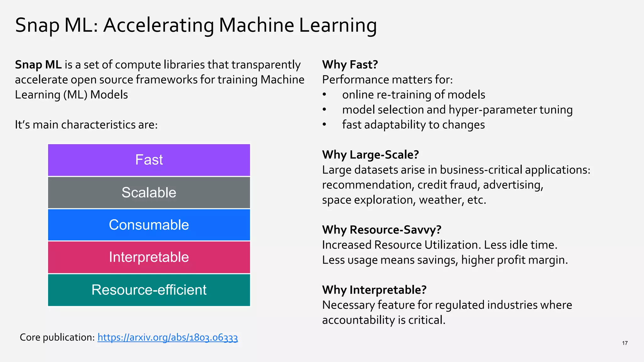 Snap ML: Accelerating Machine Learning
Why Fast?
Performance matters for:
• online re-training of models
• model selection and hyper-parameter tuning
• fast adaptability to changes
Why Large-Scale?
Large datasets arise in business-critical applications:
recommendation, credit fraud, advertising,
space exploration, weather, etc.
Why Resource-Savvy?
Increased Resource Utilization. Less idle time.
Less usage means savings, higher profit margin.
Why Interpretable?
Necessary feature for regulated industries where
accountability is critical.
Snap ML is a set of compute libraries that transparently
accelerate open source frameworks for training Machine
Learning (ML) Models
It’s main characteristics are:
17
Fast
Scalable
Consumable
Interpretable
Resource-efficient
Core publication: https://arxiv.org/abs/1803.06333
 