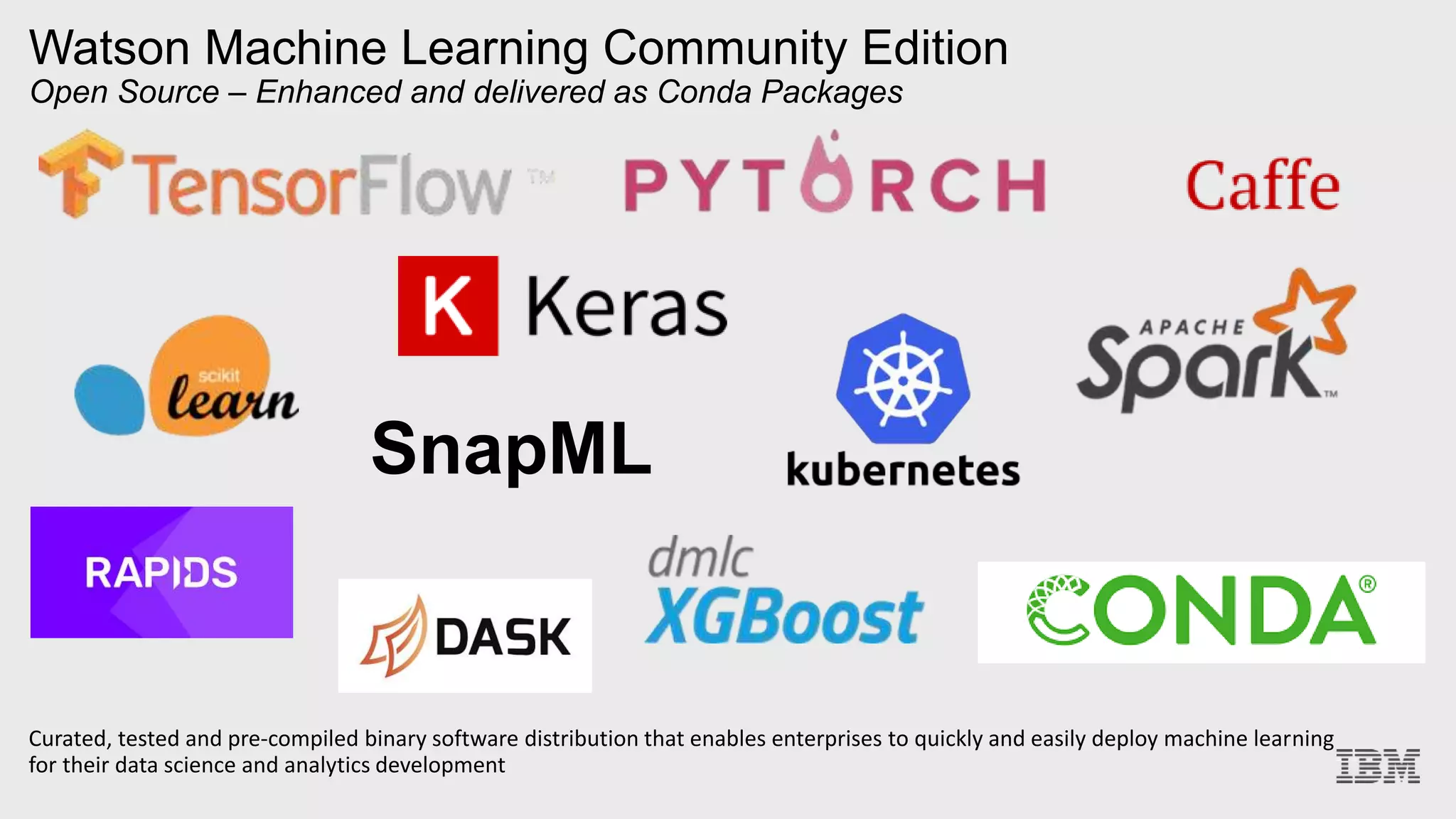 Watson Machine Learning Community Edition
Open Source – Enhanced and delivered as Conda Packages
Curated, tested and pre-compiled binary software distribution that enables enterprises to quickly and easily deploy machine learning
for their data science and analytics development
SnapML
 