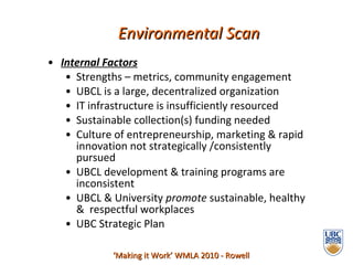Internal Factors Strengths – metrics, community engagement UBCL is a large, decentralized organization IT infrastructure is insufficiently resourced Sustainable collection(s) funding needed  Culture of entrepreneurship, marketing & rapid innovation not strategically /consistently pursued   UBCL development & training programs are inconsistent UBCL & University  promote  sustainable, healthy &  respectful workplaces   UBC Strategic Plan ‘ Making it Work’ WMLA 2010 - Rowell Environmental Scan 