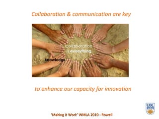 Collaboration & communication are key ‘ Making it Work’ WMLA 2010 - Rowell knowledge to enhance our capacity for innovation 