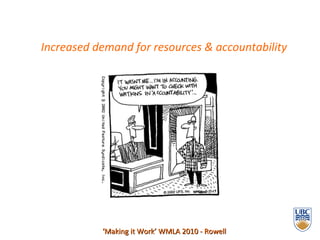 Increased demand for resources & accountability ‘ Making it Work’ WMLA 2010 - Rowell 