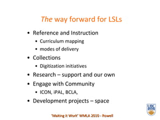 Reference and Instruction Curriculum mapping modes of delivery Collections  Digitization initiatives Research – support and our own Engage with Community ICON, iPAL, BCLA,  Development projects – space  The  way forward for LSLs ‘ Making it Work’ WMLA 2010 - Rowell 