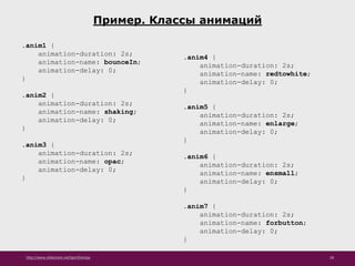 http://www.slideshare.net/IgorShkulipa 28
Пример. Классы анимаций
.anim1 {
animation-duration: 2s;
animation-name: bounceIn;
animation-delay: 0;
}
.anim2 {
animation-duration: 2s;
animation-name: shaking;
animation-delay: 0;
}
.anim3 {
animation-duration: 2s;
animation-name: opac;
animation-delay: 0;
}
.anim4 {
animation-duration: 2s;
animation-name: redtowhite;
animation-delay: 0;
}
.anim5 {
animation-duration: 2s;
animation-name: enlarge;
animation-delay: 0;
}
.anim6 {
animation-duration: 2s;
animation-name: ensmall;
animation-delay: 0;
}
.anim7 {
animation-duration: 2s;
animation-name: forbutton;
animation-delay: 0;
}
 