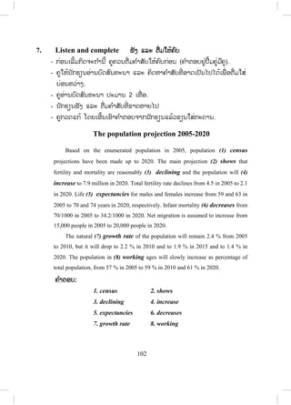 101
- ຄູອະທິບາຍດ້ວຍການເຮັດຕົວຢ່າງໃຫ້ນັກຮຽນເບິ່ງໜຶ່ ງຂໍ້ກ່ອນ ຫຼື ແປຄ ໍາຖາມເພີ່ ມ
ຖ້າວ່ານັກຮຽນບໍ່ເຂົ້າໃຈ.
- ໃຫ້ນັກຮຽນອ່ານບົດອ່ານແລ້ວຕອບຄ ໍາຖາມທັງ 9 ຂໍ້ ໃນບົດເຝິກຫັດນິ້. (ກ ໍານົດ
ເວລາ)
- ຄູຍ່າງອ້ອມຫ້ອງ ແລະ ສັງເກດການປະຕິບັດກິດຈະກ ໍາຂອງນັກຮຽນ.
- ຄູກວດແກ້ໂດຍເອີ້ນເອົາຄ ໍາຕອບຈາກນັກຮຽນແລ້ວຂຽນໃສ່ກະດານ.
Questions:
1. What was the population of Laos estimated in 2009?
2. How many groups of Lao people are there?
3. What is the average life expectancy at birth of the Lao people?
4. Where do most Lao people live?
5. What will the population be in the next twenty-five years?
6. What is the growth rate of Lao population?
7. In which rank is Lao population rated?
8. What is the average density of Lao population?
9. How many linguistic families are found in Laos?
ຄ ໍາຕອບ:
1). About 6,834, 345.
2). 3 groups.
3). 55 years old.
4). In the valleys of Mekong River and its tributaries.
5). About 13,668,690 people.
6). 2,4%
7). 102nd
.
8). 26 persons/km2
9). 4 main linguistic families.
ສ.ວ.ສ
ສະຫງວນລິຂະສິດ
 