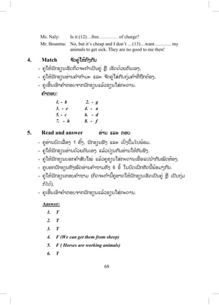 67
- ຄູບອກນັກຮຽນເປີດປຶ້ມ, ອ່ານຄ ໍາສັບ ແລະ ຄວາມໝາຍຂອງຄ ໍາສັບໃນວົງຂອບ
ໃນໃຈ (ປະມານ 1-2 ນາທີ).
2. Listen and repeat ຟັງ ແລະ ເວົ້າຕາມ
- ຄູອ່ານຄ ໍາສັບໃນວົງຂອບ 1 – 2 ຄັ້ງ, ນັກຮຽນເບິ່ງຄ ໍາສັບ ແລະ ອ່ານຕາມຄູ.
(ຄູຈະເນັ້ນໜັກການສອນຄ ໍາສັບໃໝ່ໃນເວລາທີ່ ພໍ້ໃນກິດຈະກ ໍາຕ່າງໆ).
3. Listen and complete ຟັງ ແລະ ຕື່ມໃຫ້ຄົບ
- ຄູບອກນັກຮຽນອ່ານບົດສົນທະນາໃນໃຈພ້ອມກັບຄິດຫາຄ ໍາສັບທີ່ ຄວນຈະເອົາມາ
ຕື່ມໃສ່ບ່ອນຫວ່າງ.
- ຄູອ່ານບົດສົນທະນາ 1 ຄັ້ງ, ນັກຮຽນຟັງ.
- ຄູອ່ານບົດສົນທະນາຄືນອີກ ນັກຮຽນຟັງ ແລະ ຂຽນຄ ໍາສັບທີ່ ຂາດໄປ ໃສ່ໃນບ່ອນ
ຫວ່າງ.
- ຄູອ່ານຄືນອີກເທື່ ອໜຶ່ ງ ນັກຮຽນຟັງ ແລະ ກວດຄືນ.
- ຄູໃຫ້ນັກຮຽນປຽບທຽບຄ ໍາຕອບຕົນເອງກັບໝູ່ທີ່ ນັ່ງຂ້າງກັນ.
- ຄູເອີ້ນເອົາຄ ໍາຕອບຈາກນັກຮຽນແລ້ວຂຽນໃສ່ກະດານ.
Script:
Ms. Naly: How long (1)…have you …….been raising cattle?
Mr. Bounma: Since I got married, about eight years ago.
Ms. Naly: How many cattle do you have?
Mr. Bounma: Well, I’ve got (2)…twenty…buffaloes and (3)…fifty..cows.
Ms. Naly: What do you do with (4)…them……… in the wet season?
Mr. Bounma: In the wet …(5) season……….. , I keep them in a pen or (6)
under… my rice barn. I feed them with (7) grass… and rice
straw.
Ms. Naly: What about the …(8) dry………. season?
Mr. Bounma: In the dry season, I let them …(9) …graze……… freely. In
the evening, I put them in a pen.
Ms. Naly: Do you have your …(10) animals…………. vaccinated?
Mr. Bounma: Yes, twice a year. A (11)……vet…… from the district
comes to the village and gives vaccination.
ສ.ວ.ສ
ສະຫງວນລິຂະສິດ
 