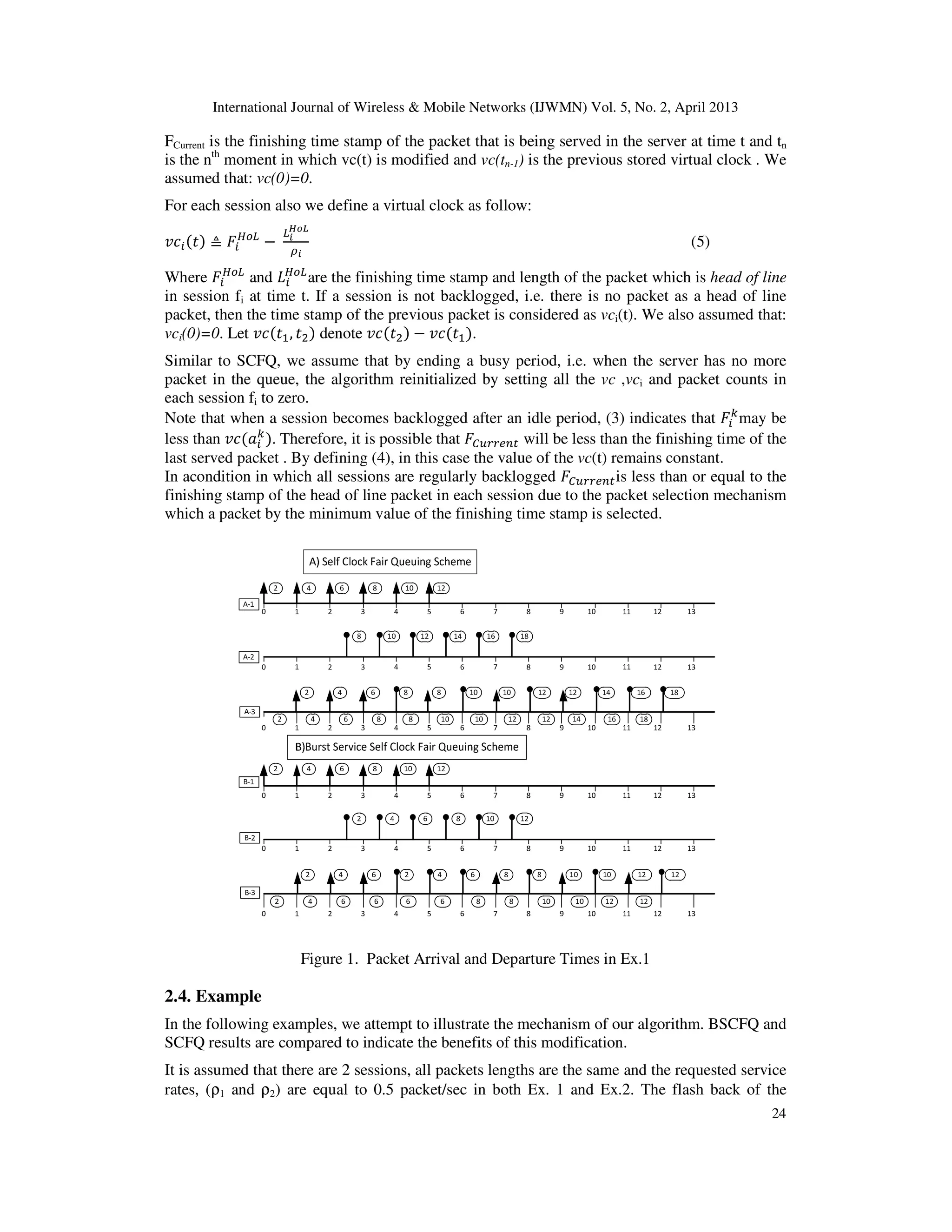 International Journal of Wireless & Mobile Networks (IJWMN) Vol. 5, No. 2, April 2013
24
FCurrent is the finishing time stamp of the packet that is being served in the server at time t and tn
is the nth
moment in which vc(t) is modified and vc(tn-1) is the previous stored virtual clock . We
assumed that: vc(0)=0.
For each session also we define a virtual clock as follow:
‫ܿݒ‬௜ሺ‫ݐ‬ሻ ≜ ‫ܨ‬௜
ு௢௅
െ	
௅೔
ಹ೚ಽ
ఘ೔
(5)
Where ‫ܨ‬௜
ு௢௅
and ‫ܮ‬௜
ு௢௅
are the finishing time stamp and length of the packet which is head of line
in session fi at time t. If a session is not backlogged, i.e. there is no packet as a head of line
packet, then the time stamp of the previous packet is considered as vci(t). We also assumed that:
vci(0)=0. Let ‫ܿݒ‬ሺ‫ݐ‬ଵ, ‫ݐ‬ଶሻ denote ‫ܿݒ‬ሺ‫ݐ‬ଶሻ െ ‫ܿݒ‬ሺ‫ݐ‬ଵሻ.
Similar to SCFQ, we assume that by ending a busy period, i.e. when the server has no more
packet in the queue, the algorithm reinitialized by setting all the vc ,vci and packet counts in
each session fi to zero.
Note that when a session becomes backlogged after an idle period, (3) indicates that ‫ܨ‬௜
௞
may be
less than ‫ܿݒ‬ሺܽ௜
௞
ሻ. Therefore, it is possible that ‫ܨ‬஼௨௥௥௘௡௧ will be less than the finishing time of the
last served packet . By defining (4), in this case the value of the vc(t) remains constant.
In acondition in which all sessions are regularly backlogged ‫ܨ‬஼௨௥௥௘௡௧is less than or equal to the
finishing stamp of the head of line packet in each session due to the packet selection mechanism
which a packet by the minimum value of the finishing time stamp is selected.
Figure 1. Packet Arrival and Departure Times in Ex.1
2.4. Example
In the following examples, we attempt to illustrate the mechanism of our algorithm. BSCFQ and
SCFQ results are compared to indicate the benefits of this modification.
It is assumed that there are 2 sessions, all packets lengths are the same and the requested service
rates, (ρ1 and ρ2) are equal to 0.5 packet/sec in both Ex. 1 and Ex.2. The flash back of the
 