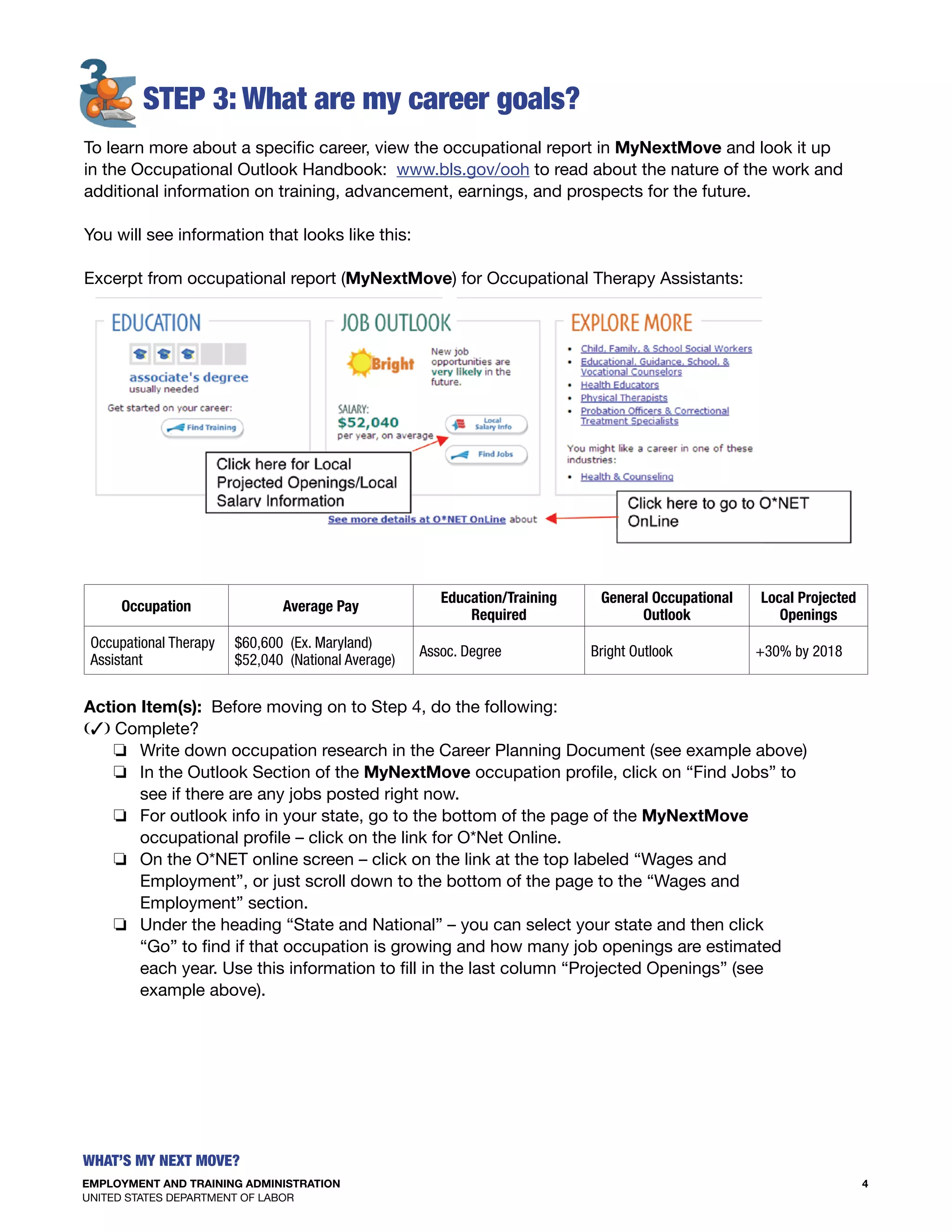 EMPLOYMENT AND TRAINING ADMINISTRATION
UNITED STATES DEPARTMENT OF LABOR
4
What’s my Next move?
S
Occupation Average Pay
Education/Training
Required
General Occupational
Outlook
Local Projected
Openings
Occupational Therapy
Assistant
$60,600 (Ex. Maryland)
$52,040 (National Average)
Assoc. Degree Bright Outlook +30% by 2018
						
Action Item(s): Before moving on to Step 4, do the following:
(3) Complete?
o Write down occupation research in the Career Planning Document (see example above)
o In the Outlook Section of the MyNextMove occupation profile, click on “Find Jobs” to
see if there are any jobs posted right now.
o For outlook info in your state, go to the bottom of the page of the MyNextMove
occupational profile – click on the link for O*Net Online.
o On the O*Net online screen – click on the link at the top labeled “Wages and
Employment”, or just scroll down to the bottom of the page to the “Wages and
Employment” section.
o Under the heading “State and National” – you can select your state and then click
“Go” to find if that occupation is growing and how many job openings are estimated
each year. Use this information to fill in the last column “Projected Openings” (see
example above).
 