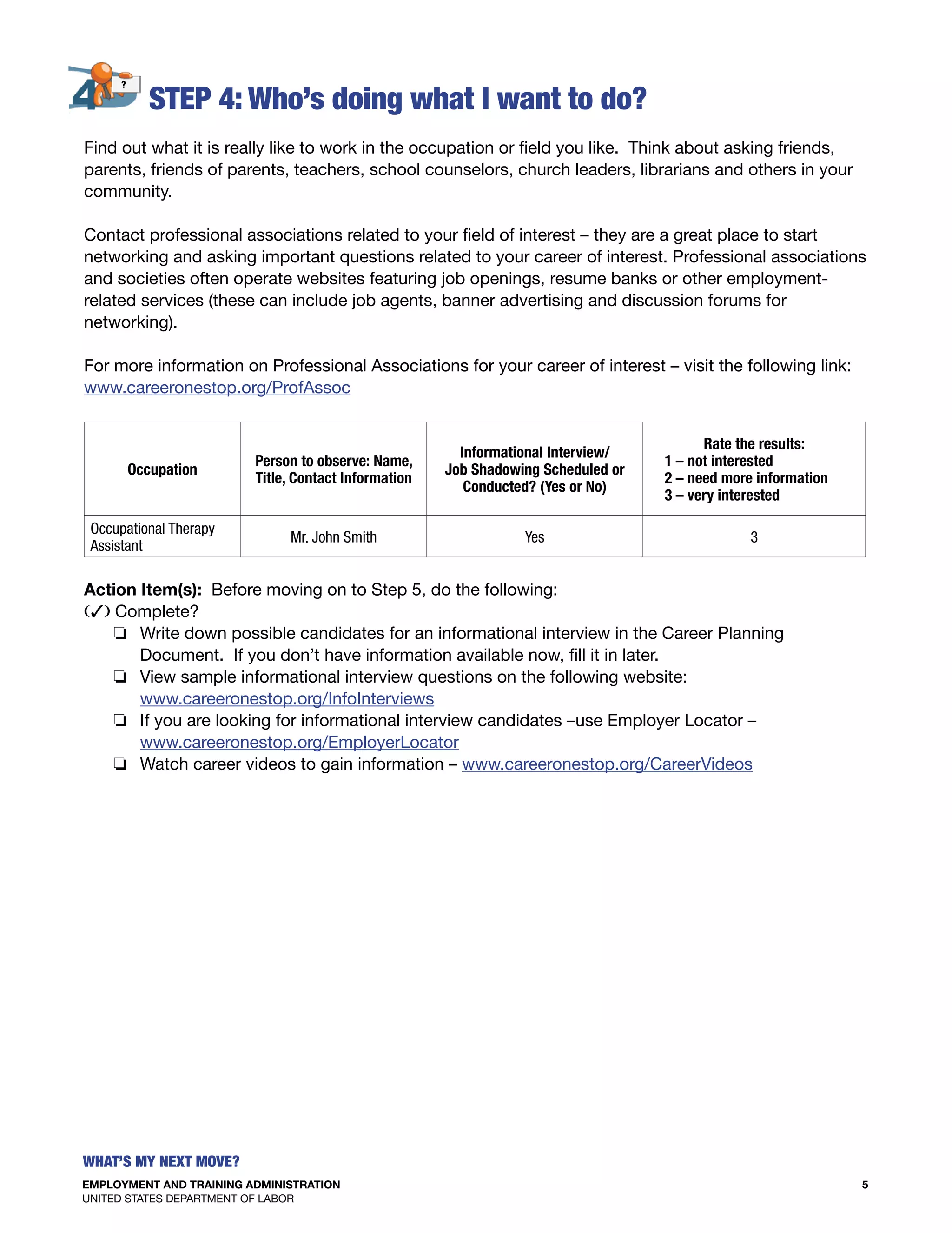 EMPLOYMENT AND TRAINING ADMINISTRATION
UNITED STATES DEPARTMENT OF LABOR
5
What’s my Next move?
step 4: Who’s doing what I want to do?
Find out what it is really like to work in the occupation or field you like. Think about asking friends,
parents, friends of parents, teachers, school counselors, church leaders, librarians and others in your
community.
Contact professional associations related to your field of interest – they are a great place to start
networking and asking important questions related to your career of interest. Professional associations
and societies often operate websites featuring job openings, resume banks or other employment-
related services (these can include job agents, banner advertising and discussion forums for
networking).
For more information on Professional Associations for your career of interest – visit the following link:
www.careeronestop.org/ProfAssoc
Occupation
Person to observe: Name,
Title, Contact Information
Informational Interview/
Job Shadowing Scheduled or
Conducted? (Yes or No)
Rate the results:
1 – not interested
2 – need more information
3 – very interested
Occupational Therapy
Assistant
Mr. John Smith Yes 3
	
Action Item(s): Before moving on to Step 5, do the following:
(3) Complete?
o Write down possible candidates for an informational interview in the Career Planning
Document. If you don’t have information available now, fill it in later.
o View sample informational interview questions on the following website:
www.careeronestop.org/InfoInterviews
o If you are looking for informational interview candidates –use Employer Locator –
www.careeronestop.org/EmployerLocator
o Watch career videos to gain information – www.careeronestop.org/CareerVideos
?
 
