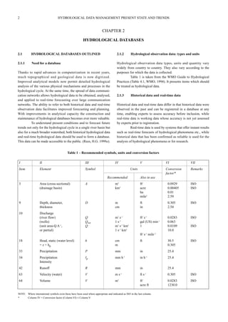 2 HYDROLOGICAL DATA MANAGEMENT PRESENT STATE AND TRENDS 
HYDROLOGICAL DATABASES 
2.1 HYDROLOGICAL DATABASES OUTLINED 
2.1.1 Need for a database 
CHAPTER 2 
Thanks to rapid advances in computerization in recent years, 
much topographical and geological data is now digitized. 
Improved analytical models now permit detailed hydrological 
analysis of the various physical mechanisms and processes in the 
hydrological cycle. At the same time, the spread of data communi-cation 
networks allows hydrological data to be obtained, analysed, 
and applied to real-time forecasting over large communication 
networks. The ability to refer to both historical data and real-time 
observation data facilitates improved forecasting and planning. 
With improvements in analytical capacity the construction and 
maintenance of hydrological databases becomes ever more valuable. 
To understand present conditions and to forecast future 
trends not only for the hydrological cycle in a single river basin but 
also for a much broader watershed, both historical hydrological data 
and real-time hydrological data should be used to form a database. 
This data can be made accessible to the public. (Rees, H.G. 1999a). 
2.1.2 Hydrological observation data: types and units 
Hydrological observation data types, units and quantity vary 
widely from country to country. They also vary according to the 
purposes for which the data is collected. 
Table 1 is taken from the WMO Guide to Hydrological 
Practices (Table 4.1, WMO, 1994). It presents items which should 
be treated as hydrological data. 
2.1.3 Historical data and real-time data 
Historical data and real-time data differ in that historical data were 
observed in the past and can be registered in a database at any 
time, enabling experts to assess accuracy before inclusion, while 
real-time data is working data whose accuracy is not yet assessed 
by experts prior to registration. 
Real-time data is used by systems that offer instant results 
such as real-time forecasts of hydrological phenomena etc., while 
historical data that has been confirmed as reliable is used for the 
analysis of hydrological phenomena or for research. 
Table 1 – Recommended symbols, units and conversion factors 
I II III IV V VI VII 
Item Element Symbol Units Conversion Remarks 
factor* 
Recommended Also in use 
3 Area (cross-sectional) A m2 ft2 0.0929 ISO 
(drainage basin) km2 acre 0.00405 ISO 
ha 0.01 
mile2 2.59 
9 Depth, diameter, D m ft 0.305 ISO 
thickness cm in 2.54 
10 Discharge 
(river flow) Q m3 s–1 ft3 s–1 0.0283 ISO 
(wells) Qwe 1 s–1 gal (US) min–1 0.063 
(unit area-Q A–1, Q m3 s–1 km2 1 0.0109 ISO 
or partial) 1 s–1 km2 10.0 
ft3 s–1 mile–2 
18 Head, static (water level) h cm ft 30.5 ISO 
= z + hp m 0.305 
33 Precipitation P mm in 25.4 
34 Precipitation Ip mm h–1 in h–1 25.4 
Intensity 
42 Runoff R mm in 25.4 
63 Velocity (water) V m s–1 ft s–1 0.305 ISO 
64 Volume V m3 ft3 0.0283 ISO 
acre ft 1230.0 
NOTE: Where international symbols exist these have been used where appropriate and indicated as ISO in the last column. 
* Column IV = Conversion factor (Column VI) × Column V 
 