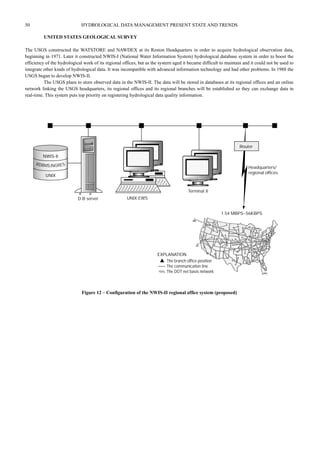 50 HYDROLOGICAL DATA MANAGEMENT PRESENT STATE AND TRENDS 
UNITED STATES GEOLOGICAL SURVEY 
The USGS constructed the WATSTORE and NAWDEX at its Reston Headquarters in order to acquire hydrological observation data, 
beginning in 1971. Later it constructed NWIS-I (National Water Information System) hydrological database system in order to boost the 
efficiency of the hydrological work of its regional offices, but as the systern aged it became difficult to maintain and it could not be used to 
integrate other kinds of hydrological data. It was incompatible with advanced information technology and had other problems. In 1988 the 
USGS began to develop NWIS-II. 
The USGS plans to store observed data in the NWIS-II. The data will be stored in databases at its regional offices and an online 
network linking the USGS headquarters, its regional offices and its regional branches will be established so they can exchange data in 
real-time. This system puts top priority on registering hydrological data quality information. 
RDBMS:INGRES 
Router 
NWIS-II 
UNIX 
Headquarters/ 
regional offices 
1.54 MBPS~56KBPS 
Terminal X 
D B server UNIX EWS 
EXPLANATION 
The branch office position 
The communication line 
The DOT net basis network 
Figure 12 – Configuration of the NWIS-II regional office system (proposed) 
 