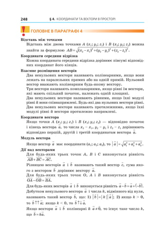 § 4. КООрДиНАти тА ВеКтОри В ПрОстОрі248
! ГоЛоВне В параГрафі 4
Відстань між точками
Відстань між двома точками A (x1; y1; z1) і B (x2; y2; z2) можна
знайти за формулою AB x x y y z z= − + − + −( ) ( ) ( ) .2 1
2
2 1
2
2 1
2
Координати середини відрізка
Кожна координата середини відрізка дорівнює півсумі відповід-
них координат його кінців.
Взаємне розміщення векторів
Два ненульових вектори називають колінеарними, якщо вони
лежать на паралельних прямих або на одній прямій. Нульовий
вектор вважають колінеарним будь-якому вектору.
Три вектори називають компланарними, якщо рівні їм вектори,
які мають спільний початок, належать одній площині.
Два ненульових вектори називають рівними, якщо їхні модулі
рівні й вони співнапрямлені. Будь-які два нульових вектори рівні.
Два ненульових вектори називають протилежними, якщо їхні
модулі рівні й вектори протилежно напрямлені.
Координати вектора
Якщо точки A (x1; y1; z1) і B (x2; y2; z2) — відповідно початок
і кінець вектора a, то числа x2 – x1, y2 – y1 і z2 – z1 дорівнюють
відповідно першій, другій і третій координатам вектора a.
Модуль вектора
Якщо вектор a має координати (a1; a2; a3), то a a a a= + +1
2
2
2
3
2
.
Дії над векторами
Для будь-яких трьох точок A, B і C виконується рівність
AB BC AC+ = .
Різницею векторів a і b називають такий вектор c, сума яко-
го з вектором b дорівнює вектору a.
Для будь-яких трьох точок O, A і B виконується рівність
OA OB BA− = .
Для будь-яких векторів a і b виконується рівність a b a b− = + −( ).
Добутком ненульового вектора a і числа k, відмінного від нуля,
називають такий вектор b, що: 1) b k a= ; 2) якщо k > 0,
то b a↑↑ ; якщо k < 0, то b a↑↓ .
Якщо вектори a і b колінеарні й a ≠ 0, то існує таке число k,
що b ka= .
Право для безоплатного розміщення підручника в мережі Інтернет має
Міністерство освіти і науки України http://mon.gov.ua/ та Інститут модернізації змісту освіти https://imzo.gov.ua
 