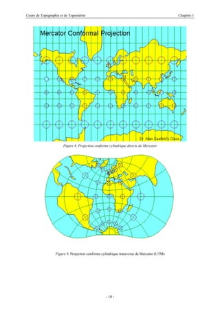Cours de Topographie et de Topométrie Chapitre 1
Figure 8. Projection conforme cylindrique directe de Mercator
Figure 9. Projection conforme cylindrique transverse de Mercator (UTM)
- 10 -
 
