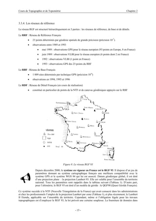 Cours de Topographie et de Topométrie Chapitre 2
3.3.4. Les réseaux de référence
Le réseau RGF est structuré hiérarchiquement en 3 parties : les réseaux de référence, de base et de détails.
Le RRF : Réseau de Référence Français
• 23 points déterminés par géodésie spatiale de grande précision (précision 10-7
).
• observations entre 1989 et 1993
• mai 1989 : observations GPS pour le réseau européen (93 points en Europe, 8 en France)
• juin 1989 : observations VLBI pour le réseau européen (6 points dont 2 en France)
• 1992 : observations VLBI (1 point en France)
• 1993 : observations GPS des 23 points du RRF
Le RBF : Réseau de Base Français
• 1 009 sites déterminés par technique GPS (précision 10-6
)
• observations en 1994, 1995 et 1996
Le RDF : Réseau de Détail Français (en cours de réalisation)
• constitué en particulier de points de la NTF et de canevas géodésiques appuyés sur le RBF
Figure 8. Le réseau RGF 93
Depuis décembre 2000, le système en vigueur en France est le RGF 93. Il dispose d’un jeu de
paramètres donnant au système cartographique français une meilleure compatibilité avec le
système GPS et le système WGS 84 qui lui est associé. Datum géodésique global, il est doté
d’une projection plane : la projection Lambert 93. Elle est valable pour l’ensemble du territoire
national. Tous les paramètres sont rappelés dans le tableau suivant (Tableau 1). D’autre part,
pour l’altimétrie, le RGF 93 est doté d’un modèle de géoïde : le QGF98 (Quasi Géoïde Français).
9
Ce système succède à la NTF (Nouvelle Triangulation de la France) qui avait consacré dans les administrations
et chez les professionnels l’emploi de la projection Lambert par zone (Tableau 1), et plus récemment, le Lambert
II Etendu, applicable sur l’ensemble du territoire. Cependant, même si l’obligation légale pour les travaux
topographiques est d’employer le RGF 93, la loi prévoit une certaine souplesse. La fourniture de données dans
- 15 -
 