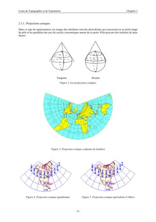 Cours de Topographie et de Topométrie Chapitre 1
2.3.1. Projections coniques
Dans ce type de représentation, les images des méridiens sont des demi-droites qui concourent en un point image
du pôle et les parallèles des arcs de cercles concentriques autour de ce point. Elles peuvent être réalisées de deux
façons :
Tangente Sécante
Figure 2. Les projections coniques
Figure 3. Projection conique conforme de Lambert
Figure 4. Projection conique équidistante Figure 5. Projection conique équivalente d’Albers
- 8 -
 