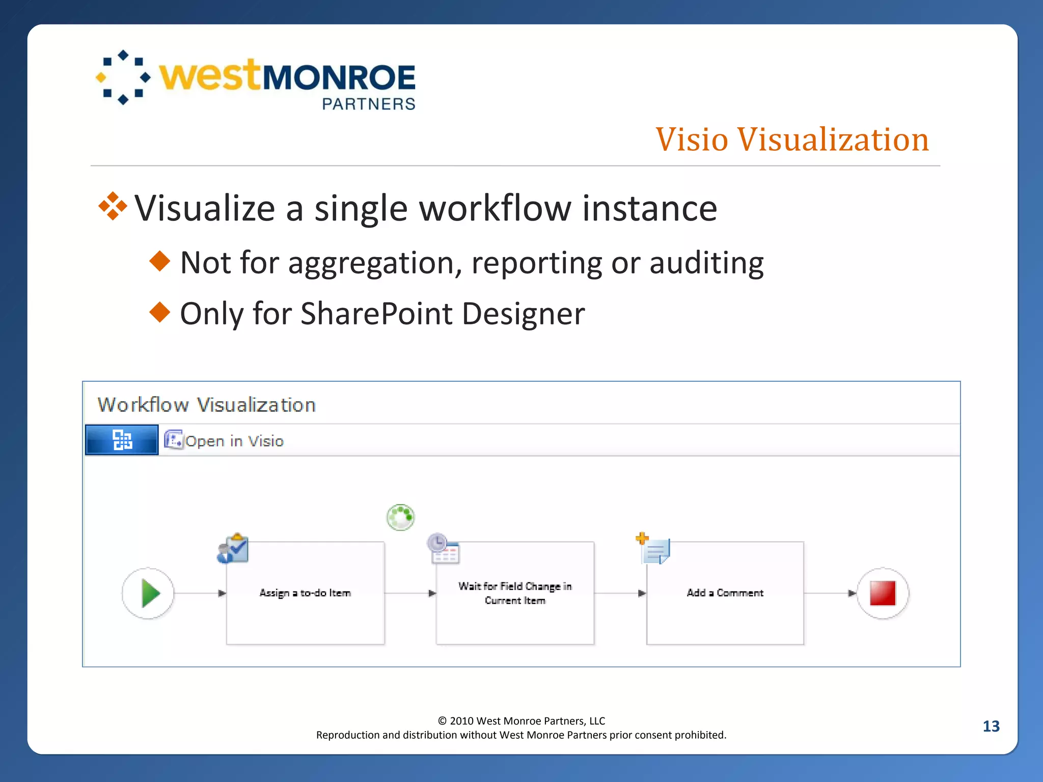 Visio Visualization Visualize a single workflow instance Not for aggregation, reporting or auditing Only for SharePoint Designer 