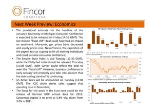 Next Week Preview: Economics
                                                                                          US Adjusted Retail Sales "Control Group" (m/m)
•   The provisional estimate for the headline of the                           1.0%
                                                                                                                                 0.9%
                                                                                                                                                 0.8%
    January’s University of Michigan Consumer Confidence                                0.6%
                                                                                                                                                                0.5%
    is expected to be released on Friday (14:55 GMT). The                                       0.3%

    last minute “fiscal cliff” deal could have had an impact                                                     0.1%


    on sentiment. Moreover, gas prices have decreased                                                                                                    0.0%
                                                                                                        -0.1%                            -0.1%
    and equity prices rose. Nevertheless, the expiration of        -0.4%
                                                                                                                        -0.3%


    the payroll tax cut is going to hit all working individuals    Dec-11 Jan-12       Feb-12 Mar-12 Apr-12 May-12 Jun-12       Jul-12   Aug-12 Sep-12 Oct-12 Nov-12

    and could penalize consumer confidence;                       Source: US Census Bureau
                                                                                               US Consumer Confidence Indices
•   The Empire State Index is due Tuesday (13:30 GMT),            120                                                                                            100


                                                                  100                                                                                            90
    while the Philly Fed Index should be released Thursday
                                                                   80                                                                                            80
    (15:00 GMT). Both survey could reflect the deal to
                                                                   60                                                                                            70
    avert the “fiscal cliff”. However, business confidence in
                                                                   40                                                                                            60
    early January will probably also take into account that        20                                                                                            50

    the debt ceiling stand-off is continuing;                           2007            2008           2009
                                                                                      Conference Board (RHS)
                                                                                                                   2010          2011            2012
                                                                                                                            University of Michigan (LH S)

•   US Retail Sales will be announced on Tuesday (13:30             Source: Conference Board; U. of Michigan Survey Research Center
                                                                                           Germany: Annual Real GDP Growth
    GMT). The ICSC chain stores sales suggest that                  6%

                                                                                                                                                           3.7%
    spending rose in December;                                      4%                                                                                        3.0%

                                                                    2%
•   The focus for the weak in the Euro-zone could be the            0%

    release of German GDP annual data for 2012.                     -2%


    Consensus expect it to print at 0.8% y/y, down from             -4%


    3.0% in 2011.                                                   -6%
                                                                           1991                1995             1999            2003             2007
                                                                                                                                                        -5.1%
                                                                                                                                                                2011
                                                                         Source: German Federal Statistical Office
 