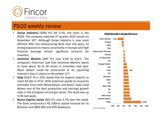 PSI20 weekly review
•   Sonae Indústria (SONI PL) fell 5.4%, the most in the
    PSI20. The company reported 3rd quarter 2012 results on
    November 16th. Although Sonae Indústria is now more
    efficient after the restructuring done over last years, its
    strong exposure to macro uncertainty in Europe and high
    financial leverage remain significant concerns for
    investors;
•   Jerónimo Martins (JMT PL) rose 6.6% to €14.5. The
    company’s Chairman said that Jerónimo Martins wants
    to have about 30 to 40 stores in Colombia next year.
    More details could be announced at its upcoming
    Investor’s Day in Lisbon on December 11st;
•   Galp (GALP PL)´s CEO stated that he expects exports to
    reach €4.2bn in FY12. With potencial upside to resources
    estimates from both Mozambique and Brazil, Galp could
    deliver one of the best production and earnings growth
    rates in the European oil and gas sector. The stock was up
    5.5% last week;
•   Banco Espirito Santo (BES PL) rose 3.7% over the week.
    The bank announced a R$ 100mn capital increase for its
    Brazilian unit (80% BES and 20% Bradesco).                    Source: Bloomberg
 