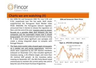 Charts we are watching (II)
•    Zon (ZON PL) and Sonaecom (SNC PL) rose 5.3% and                                   ZON and Sonaecom Share Prices
                                                                         130
     4.3%, respectively over the last week. Both stocks
     outperformed the Portuguese Stock Market Index 120 Dec. 31, 2011 = 100
     PSI20. ANACOM, the Portuguese telecom regulator,
     announced that it intends to release the regulation on 110
     fibre until the end of the year. Investors seem to remain 100
     focused on a possible M&A deal between the two
     companies and the meaningful impact that it should 90                                  ZON
                                                                                            Sonaecom
     bring to both. Zon and Sonaecom seem to have a strong                 80
     fit. A deal would allow significant cost synergies and                  Jan-12      Mar-12    May-12 Jul-12 Sep-12 Nov-12
                                                                           Source: Bloomberg
     create a strong integrated player to compete with
     Portugal Telecom.                             JPY/USD (JPY per 1 USD) (RHS)       Topix vs. JPY/USD exchange rate
                                                                           880                             Topix Stock Market Index       84
•    The Topix stock market index showed again strong gains                                                (LHS)                          83
     on a weaker yen and easing expectations. Japanese                     840                             JPY/USD (JPY per 1 USD)        82
                                                                                                           (RHS)
     stocks were supported by the LDP election manifesto                   800                                                            81
     (released on November 21st), that included significant                                                                               80

     monetary easing, a 2% inflation target, and more than                 760                                                            79

     3% nominal GDP growth. At the monetary policy                         720
                                                                                                                                          78

     meeting on November 20th, the BOJ Policy Board voted                                                                                 77
                                                                           680                                                            76
     unanimously to maintain the current policy rate and to                  Jan-12      Mar-12   May-12     Jul-12    Sep-12    Nov-12
     keep the size of the Asset Purchase Programme.                         Source: Bloomberg
 