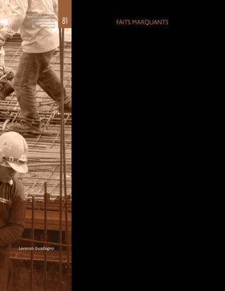 FAITS MARQUANTS
•	 Les villes offrent la possibilité d’accéder à toutes sortes de ressources, de
services et de potentialités qui sont essentiels au bien-être et à la résilience
des personnes. C’est pourquoi, pour la plupart des migrants, s’installer dans
une ville est une décision judicieuse qui a toutes les chances d’améliorer leurs
conditions de vie ainsi que leurs capacités de faire face à l’adversité.
•	 Cependant, si elle est mal gérée, la migration peut déboucher sur des
situations d’exclusion et de vulnérabilité, tant pour ceux qui migrent que
pour les communautés qui les accueillent. Dans bien des cas, les migrants
se heurtent à des obstacles juridiques, culturels et sociaux pour accéder au
logement, à l’emploi, à l’éducation, à la santé et à d’autres services sociaux.
Ces obstacles peuvent les contraindre à vivre en situation d’exclusion, de
ségrégation et de vulnérabilité.
•	 Certains groupes de migrants peuvent être plus particulièrement vulnérables
que d’autres. Les femmes migrantes, par exemple, risquent davantage d’être
mal payées, de travailler en situation irrégulière et d’être exploitées, souvent
dans le secteur informel. Pourtant, les villes sont aussi porteuses de chances,
telles qu’une plus grande indépendance économique ou la capacité de
s’affranchir de normes sexistes rigides.
•	 La vulnérabilité des migrants sur le plan de la santé est une préoccupation
majeure en milieu urbain car les conditions dans lesquelles nombre d’entre
eux voyagent, vivent et travaillent les exposent particulièrement aux maladies
infectieuses et non transmissibles, ainsi qu’aux accidents, à la violence et à la
maltraitance, et peuvent mettre à mal leur bien-être mental et psychosocial.
Dans beaucoup de villes, en outre, il existe des inégalités d’accès aux soins de
santé entre les populations migrantes et non migrantes, qui nuisent à la santé
individuelle et collective des membres des communautés urbaines.
•	 La gestion et la prise en main des déplacements de populations urbaines
provoqués par des catastrophes naturelles, des conflits ou des violences
posent des problèmes particuliers aux acteurs concernés et peuvent aggraver
les conditions d’une vulnérabilité à long terme des communautés déplacées
et de celles qui les accueillent.
•	 La concertation à l’échelon local – surtout entre les différents acteurs
gouvernementaux et non gouvernementaux travaillant sur le terrain dans
les domaines de l’intervention en cas de catastrophe, de l’immigration, de
la santé, de l’emploi, du développement social et de l’inclusion des migrants
– est essentielle pour améliorer la résilience des migrants face aux difficultés
de la vie quotidienne et aux crises. Les migrants eux-mêmes peuvent jouer
un rôle décisif dans le renforcement de la résilience. Les associations de
migrants peuvent fournir des services de base et relayer les préoccupations
de leurs membres au travers de la représentation politique. Il est également
fondamental d’associer les migrants à la planification des activités de
préparation aux catastrophes.
Lorenzo Guadagno
81
ETAT DE LA MIGRATION
DANS LE MONDE 2015
Les migrants et les villes :
de nouveaux partenariats
pour gérer la mobilité
 