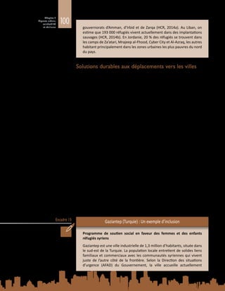 100
Chapitre 3
Migrants urbains,
vulnérabilité
et résilience
Encadré 15
gouvernorats d’Amman, d’Irbid et de Zarqa (HCR, 2014a). Au Liban, on
estime que 193 000 réfugiés vivent actuellement dans des implantations
sauvages (HCR, 2014b). En Jordanie, 20 % des réfugiés se trouvent dans
les camps de Za’atari, Mrajeep al-Fhood, Cyber City et Al‑Azraq, les autres
habitant principalement dans les zones urbaines les plus pauvres du nord
du pays.
Solutions durables aux déplacements vers les villes
Mettre fin aux déplacements à destination des zones urbaines pose des difficultés
particulières. La plupart des personnes ainsi déplacées cherchent à s’intégrer
dans leur communauté d’accueil plutôt que de retourner dans leur lieu d’origine,
estimant qu’elles auront plus de chances de s’en sortir dans les zones de
destination – un sentiment qui ne fait que croître à mesure que le déplacement
se prolonge (Majidi, 2011 ; Carrillo, 2009).
En outre, l’intégration dans les villes se produit dans des endroits densément
peuplés, caractérisés par une grande diversité de situations de vulnérabilité,
si bien qu’il est difficile de répondre aux besoins spécifiques des personnes
déplacées nouvellement arrivées sans se trouver confronté à des schémas de
marginalisation et de risque pour les communautés d’accueil. Les mesures prises
à cette fin doivent donc s’intéresser aux besoins et non au statut des personnes.
Si elles ne parviennent pas à remédier aux principaux facteurs de vulnérabilité
en milieu urbain, elles ont peu de chances d’avoir, sur les populations cibles, les
effets positifs à long terme escomptés, et risquent seulement de modifier, voire
de renforcer, les schémas d’exclusion existants (Zetter et Deikun, 2010 ; Sherwood
et al., 2014). Si, en revanche, elles y parviennent, elles peuvent réellement
favoriser le bien-être de l’ensemble des communautés urbaines. On trouvera
dans l’encadré 15 un exemple d’inclusion à Gaziantep, en Turquie.
Ainsi,ilestessentiel,pourleurbien-êtreàlongterme,quelespersonnesdéplacées
puissent accéder à des possibilités de subsistance et à un logement décent par les
voiesofficielles,maiscelaposeégalementdesdéfismajeurspourledéveloppement
urbain en temps normal (Esnard et Sapat, 2014). L’augmentation du nombre de
personnes ayant besoin d’aide, surtout après des événements déstabilisants qui
perturbent les zones urbaines, ne fait que compliquer la fourniture de cette aide,
ce qui peut conduire à de nouvelles situations de vulnérabilité, d’autant que les
ressources permettant de gérer les déplacements sont limitées et, souvent, ne
sont disponibles qu’immédiatement après les crises (Carrillo, 2009).
Gaziantep (Turquie) : Un exemple d’inclusion
Programme de soutien social en faveur des femmes et des enfants
réfugiés syriens
Gaziantep est une ville industrielle de 1,3 million d’habitants, située dans
le sud-est de la Turquie. La population locale entretient de solides liens
familiaux et commerciaux avec les communautés syriennes qui vivent
juste de l’autre côté de la frontière. Selon la Direction des situations
d’urgence (AFAD) du Gouvernement, la ville accueille actuellement
 