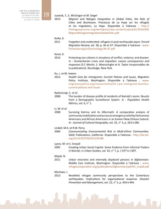 119
ETAT DE LA MIGRATION
DANS LE MONDE 2015
Les migrants et les villes :
de nouveaux partenariats
pour gérer la mobilité
Juzwiak, T., E. McGregor et M. Siegel
2014	 Migrant and Refugee Integration in Global Cities, the Role of
Cities and Businesses. Processus de La Haye sur les réfugiés
et les migrations, La Haye. Disponible à l’adresse  : http://
thehagueprocess.org/wordpress/wp-content/uploads/2014/04/
MigrantRefugeeIntegrationGlobalCities.pdf
Koike, K.
2011	 Forgotten and unattended: refugees in post-earthquake Japan. Forced
Migration Review, vol. 38, p. 46 et 47. Disponible à l’adresse : www.
fmreview.org/en/technology/46-47.pdf
Koser, K.
2014	 Protecting non-citizens in situations of conflict, violence, and disaster.
In  : Humanitarian crises and migration: causes consequences and
responses (S.F. Martin, S. Weerasinghe et A. Taylor (responsables de
la publication)). Routledge, New York.
Ku, L. et M. Jewers
2013	 Health Care for Immigrants: Current Policies and Issues. Migration
Policy Institute, Washington. Disponible à l’adresse  : www.
migrationpolicy.org/research/health-care-immigrant-families-
current-policies-and-issues
Kyobutungi, C. et al.
2008	 The burden of disease profile of residents of Nairobi’s slums: Results
from a Demographic Surveillance System. In  : Population Health
Metrics, vol. 6, n° 1.
Li, W. et al.
2008	 Surviving Katrina and its Aftermath: A comparative analysis of
communitymobilizationandaccesstoemergencyreliefbyVietnamese
Americans and African Americans in an Eastern New Orleans Suburb.
In : Journal of Cultural Geography, vol. 25, n° 3, p. 263 à 286.
Lindell, M.K. et R.W. Perry
2004	 Communicating Environmental Risk in Multi-Ethnic Communities.
SAGE Publications, Californie. Disponible à l’adresse : http://dx.doi.
org/10.4135/9781452229188
Lyons, M. et S. Snoxall
2005	 Creating Urban Social Capital: Some Evidence from Informal Traders
in Nairobi, in Urban Studies, vol. 42, n° 7, p. 1 077 à 1 097.
Majidi, N.
2011	 Urban returnees and internally displaced persons in Afghanistan.
Middle East Institute, Washington. Disponible à l’adresse  : www.
refugeecooperation.org/publications/afghanistan/pdf/01_majidi.pdf
Marlowe, J.
2013	 Resettled refugee community perspectives to the Canterbury
earthquakes: Implications for organizational response. Disaster
Prevention and Management, vol. 22, n° 5, p. 434 à 444.
 