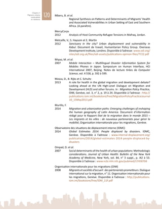 120
Chapitre 3
Migrants urbains,
vulnérabilité
et résilience
Mberu, B. et al.
		 Regional Synthesis on Patterns and Determinants of Migrants’ Health
and Associated Vulnerabilities in Urban Setting of East and Southern
Africa. (A paraître).
MercyCorps
2012	 Analysis of Host Community-Refugee Tensions in Mafraq, Jordan.
Metcalfe, V., S. Haysom et E. Martin
2012	 Sanctuary in the city? Urban displacement and vulnerability in
Kabul. Document de travail, Humanitarian Policy Group. Overseas
DevelopmentInstitute,Londres.Disponibleàl’adresse:www.odi.org/
sites/odi.org.uk/files/odi-assets/publications-opinion-files/7722.pdf
Miyao, M. et al.
2007	 Mobile Interaction – Multilingual Disaster Information System for
Mobiles Phones in Japan. Symposium on Human Interface, HCI
International 2007, Beijing. Notes de lecture tirées de Computer
Science, vol. 4 558, p. 592 à 599.
Mosca, D., B. Rijks et C. Schultz
2013	 A role for health in the global migration and development debate?
Looking ahead at the UN High-Level Dialogue on Migration and
Development (HLD) and other forums. In : Migration Policy Practice,
OIM, Genève, vol. 3, n° 2, p. 19 à 24. Disponible à l’adresse : http://
publications.iom.int/bookstore/free/MigrationPolicyPracticeJournal
10_15May2013.pdf
Murillo, F.
2014	 Migration and urbanization paths: Emerging challenges of reshaping
the human geography of Latin America. Document d’information
rédigé pour le Rapport Etat de la migration dans le monde 2015 –
Les migrants et les villes : de nouveaux partenariats pour gérer la
mobilité, Organisation internationale pour les migrations, Genève.
Observatoire des situations de déplacement interne (IDMC)
2014	 Global Estimates 2014: People displaced by disasters. IDMC,
Genève. Disponible à l’adresse  : www.internal-displacement.org/
publications/2014/global-estimates-2014-people-displaced-by-
disasters
Ompad, D. et al.
2007	 Social determinants of the health of urban populations: Methodologic
considerations. Journal of Urban Health: Bulletin of the New  York
Academy of Medicine, New  York, vol.  84, n°  3 suppl., p.  i42 à  53.
Disponible à l’adresse : www.ncbi.nlm.nih.gov/pubmed/17458704
Organisation internationale pour les migrations (OIM)
2008	 Migrantsetsociétésd’accueil :despartenariatsprometteurs.Dialogue
international sur la migration, n° 11. Organisation internationale pour
les migrations, Genève. Disponible à l’adresse : http://publications.
iom.int/bookstore/free/IDM_11F.pdf
 
