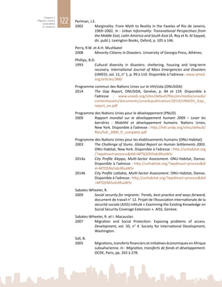 122
Chapitre 3
Migrants urbains,
vulnérabilité
et résilience
Perlman, J.E.
2002	 Marginality: From Myth to Reality in the Favelas of Rio de Janeiro,
1969–2002. In : Urban Informality: Transnational Perspectives from
the Middle East, Latin America and South Asia (A. Roy et N. Al Sayyad,
dir. publ.). Lexington Books, Oxford, p. 105 à 146.
Perry, R.W. et A.H. Mushkatel
2008	 Minority Citizens in Disasters. University of Georgia Press, Athènes.
Phillips, B.D.
1993	 Cultural diversity in disasters: sheltering, housing and long-term
recovery. International Journal of Mass Emergencies and Disasters
(IJMED), vol. 11, n° 1, p. 99 à 110. Disponible à l’adresse : www.ijmed.
org/articles/368/
Programme commun des Nations Unies sur le VIH/sida (ONUSIDA)
2014	 The Gap Report, ONUSIDA, Genève, p.  84 et 159. Disponible à
l’adresse  : www.unaids.org/sites/default/files/en/media/unaids/
contentassets/documents/unaidspublication/2014/UNAIDS_Gap_
report_en.pdf
Programme des Nations Unies pour le développement (PNUD)
2009	 Rapport mondial sur le développement humain  2009 – Lever les
barrières  : Mobilité et développement humains. Nations  Unies,
New York. Disponible à l’adresse : http://hdr.undp.org/sites/default/
files/hdr_2009_fr_complete.pdf
Programme des Nations Unies pour les établissements humains (ONU-Habitat)
2003	 The Challenge of Slums. Global Report on Human Settlements 2003.
ONU-Habitat, New York. Disponible à l’adresse : http://unhabitat.org
/?wpdmact=process&did=MTQ3OS5ob3RsaW5r
2014a	 City Profile Aleppo, Multi-Sector Assessment. ONU-Habitat, Damas.
Disponible à l’adresse : http://unhabitat.org/?wpdmact=process&di
d=MTQ5Ny5ob3RsaW5r
2014b	 City Profile Lattakia, Multi-Sector Assessment. ONU-Habitat, Damas.
Disponible à l’adresse : http://unhabitat.org/?wpdmact=process&did
=MTQ5Mi5ob3RsaW5r
Sabates-Wheeler, R.
2009	 Social security for migrants: Trends, best practice and ways forward,
document de travail n° 12. Projet de l’Association internationale de la
sécurité sociale (AISS) intitulé « Examining the Existing Knowledge on
Social Security Coverage Extension ». AISS, Genève.
Sabates-Wheeler, R. et I. Macauslan
2007	 Migration and Social Protection: Exposing problems of access.
Development, vol. 50, n° 4. Society for International Development,
Washington.
Sall, B.
2005	 Migrations, transferts financiers et initiatives économiques en Afrique
subsaharienne. In : Migration, transferts de fonds et développement.
OCDE, Paris, pp. 265 à 278.
 