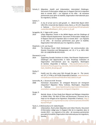 123
ETAT DE LA MIGRATION
DANS LE MONDE 2015
Les migrants et les villes :
de nouveaux partenariats
pour gérer la mobilité
Schultz, C.	 Migration, Health and Urbanization: Interrelated Challenges.
Document d’information rédigé pour le Rapport Etat de la migration
dans le monde 2015 – Les migrants et les villes : de nouveaux
partenariats pour gérer la mobilité, Organisation internationale pour
les migrations, Genève.
Seibert, T.
2014	 A city of arrival and its wild growth. In  : World Risk Report 2014.
UNU-EHS, Université des Nations Unies, Bonn, p. 24 à 29. Disponible
à l’adresse  : http://worldriskreport.entwicklung-hilft.de/uploads/
media/WorldRiskReport_2014_online-II_01.pdf
Serageldin, M., F. Vigier et M. Larsen
2014	 Urban Migration Trends in the MENA Region and the Challenge of
Conflict Induced Displacement. Document d’information rédigé pour
le Rapport Etat de la migration dans le monde 2015 – Les migrants
et les villes : de nouveaux partenariats pour gérer la mobilité,
Organisation internationale pour les migrations, Genève.
Shepherd, J. et K. van Vuuren
2014	 The Brisbane Flood: CALD Gatekeepers’ risk communication role.
Disaster Prevention and Management, vol. 23, n° 4, p. 469 à 483.
DOI :10.1108/DPM-08-2013-0133.
Sherwood, A, et al.
2014	 Supporting Durable Solutions to Urban, Post-Disaster Displacement:
Challenges and Opportunities in Haiti. Brookings Institution et
Organisation internationale pour les migrations, Washington
et Genève. Disponible à l’adresse  : http://publications.iom.int/
bookstore/free/Supporting_Durable_SolutionstoDisplacement_
Haiti_Feb2014_Brookings.pdf
Shetty, P.
2011	 Health care for urban poor falls through the gap. In  : The Lancet,
vol. 377,n° 9 766,p. 627à 628.Disponible àl’adresse :www.thelancet.
com/pdfs/journals/lancet/PIIS0140-6736(11)60215-8.pdf
Somerville, W., J. Durana et A.M. Terrazas
2008	 Hometown Associations: An Untapped Resource for Immigrant
Integration? Migration Policy Institute, Washington. Disponible
à l’adresse  : www.migrationpolicy.org/research/hometown-
associations-untapped-resource-immigrant-integration
Sturge, G.
2014	 Nairobi, Kenya. A Case Study from Migrant and Refugee Integration
in Global Cities: The Role of Cities and Businesses. Processus de La
Haye sur les réfugiés et les migrations. Disponible à l’adresse : http://
thehagueprocess.org/wordpress/wp-content/uploads/2014/04/
NairobiTHP.pdf
Tacoli, C., G McGranahan et D. Satterthwaite
2014	 Urbanization, Rural-urban Migration and Urban Poverty. Document
d’information rédigé pour le Rapport Etat de la migration dans le
monde 2015 – Les migrants et les villes : de nouveaux partenariats
pourgérerlamobilité,Organisationinternationalepourlesmigrations,
Genève.
 