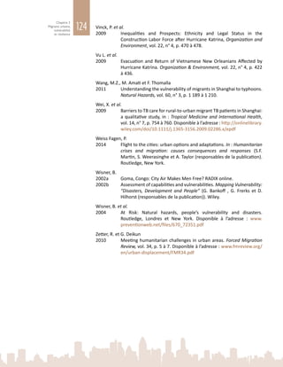 124
Chapitre 3
Migrants urbains,
vulnérabilité
et résilience
Vinck, P. et al.
2009	 Inequalities and Prospects: Ethnicity and Legal Status in the
Construction Labor Force after Hurricane Katrina, Organization and
Environment, vol. 22, n° 4, p. 470 à 478.
Vu L. et al.
2009	 Evacuation and Return of Vietnamese New Orleanians Affected by
Hurricane Katrina. Organization & Environment, vol. 22, n° 4, p. 422
à 436.
Wang, M.Z., M. Amati et F. Thomalla
2011	 Understanding the vulnerability of migrants in Shanghai to typhoons.
Natural Hazards, vol. 60, n° 3, p. 1 189 à 1 210.  
Wei, X. et al.
2009	 Barriers to TB care for rural-to-urban migrant TB patients in Shanghai:
a qualitative study, in : Tropical Medicine and International Health,
vol. 14, n° 7, p. 754 à 760. Disponible à l’adresse : http://onlinelibrary.
wiley.com/doi/10.1111/j.1365-3156.2009.02286.x/epdf
Weiss Fagen, P.
2014	 Flight to the cities: urban options and adaptations. In : Humanitarian
crises and migration: causes consequences and responses (S.F.
Martin, S. Weerasinghe et A. Taylor (responsables de la publication).
Routledge, New York.
Wisner, B.
2002a	 Goma, Congo: City Air Makes Men Free? RADIX online.
2002b	 Assessment of capabilities and vulnerabilities. Mapping Vulnerability:
“Disasters, Development and People” (G. Bankoff , G. Frerks et D.
Hilhorst (responsables de la publication)). Wiley.
Wisner, B. et al.
2004	 At Risk: Natural hazards, people’s vulnerability and disasters.
Routledge, Londres et New  York. Disponible à l’adresse  : www.
preventionweb.net/files/670_72351.pdf
Zetter, R. et G. Deikun
2010	 Meeting humanitarian challenges in urban areas. Forced Migration
Review, vol. 34, p. 5 à 7. Disponible à l’adresse : www.fmreview.org/
en/urban-displacement/FMR34.pdf
 