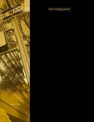 FAITS MARQUANTS
•	 Des politiques originales et novatrices s’imposent si l’on veut relever les
immenses défis que présente aujourd’hui, pour la gouvernance urbaine, la
fourniture d’infrastructures et de services adaptés à des populations diverses
et croissantes. Les migrations et leur mode de gouvernance jouent ainsi un
rôle fondamental dans l’aménagement urbain et le développement durable.
•	 Ladispersiondel’actionpubliqueentreleséchelonsnationaletlocalcomplique
fortement la gestion des migrations dans les villes. Le gouvernement central,
qui est chargé de définir les grandes lignes de la politique de migration, ignore
souvent les incidences locales du phénomène migratoire, et plus précisément
ses pressions sur le logement, l’emploi et les services, domaines qui relèvent
des municipalités. C’est principalement sur le plan du financement que
s’observent les décalages entre les politiques migratoires définies au niveau
central et les plans de développement urbain et les capacités à l’échelle locale.
•	 Certaines villes, dans des pays à revenu élevé, s’emploient activement
à élaborer leurs propres plans d’intégration dans la mesure où elles ont
l’autonomie nécessaire pour le faire. Des efforts visant à mettre en place des
structures institutionnelles destinées à promouvoir la cohésion sociale sont
déployés dans de nombreuses villes à travers le monde. Les partenariats avec
lesmigrantsetlesassociationsdemigrantssontessentiels. Ilconvientdenoter
que dans les pays à faible revenu et à revenu intermédiaire, les municipalités
n’ont pas les ressources pour prendre ce genre de mesures.
•	 Les migrants peuvent être les artisans de leurs villes d’adoption, et les aider à
acquérir une visibilité mondiale en mettant en valeur leurs atouts historiques,
culturels, religieux et socioéconomiques, à condition qu’on leur en donne la
possibilité.
June J.H. Lee
175
ETAT DE LA MIGRATION
DANS LE MONDE 2015
Les migrants et les villes :
de nouveaux partenariats
pour gérer la mobilité
 