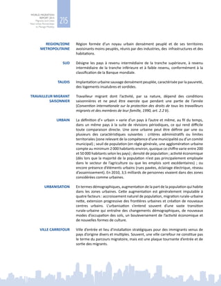 215
WORLD MIGRATION
REPORT 2015
Migrants and Cities:
New Urban Partnerships
to Manage Mobility
REGION/ZONE
METROPOLITAINE
Région formée d’un noyau urbain densément peuplé et de ses territoires
avoisinants moins peuplés, réunis par des industries, des infrastructures et des
habitations.
SUD Désigne les pays à revenu intermédiaire de la tranche supérieure, à revenu
intermédiaire de la tranche inférieure et à faible revenu, conformément à la
classification de la Banque mondiale.
TAUDIS Implantation urbaine sauvage densément peuplée, caractérisée par la pauvreté,
des logements insalubres et sordides.
TRAVAILLEUR MIGRANT
SAISONNIER
Travailleur migrant dont l’activité, par sa nature, dépend des conditions
saisonnières et ne peut être exercée que pendant une partie de l’année
(Convention internationale sur la protection des droits de tous les travailleurs
migrants et des membres de leur famille, 1990, art. 2.2 b).
URBAIN La définition d’« urbain » varie d’un pays à l’autre et même, au fil du temps,
dans un même pays à la suite de révisions périodiques, ce qui rend difficile
toute comparaison directe. Une zone urbaine peut être définie par une ou
plusieurs des caractéristiques suivantes  : critères administratifs ou limites
territoriales (zone relevant de la compétence d’une municipalité ou d’un comité
municipal) ; seuil de population (en règle générale, une agglomération urbaine
compte au minimum 2 000 habitants environ, quoique ce chiffre varie entre 200
et 50 000 habitants selon les pays) ; densité de population ; activité économique
(dès lors que la majorité de la population n’est pas principalement employée
dans le secteur de l’agriculture ou que les emplois sont excédentaires)  ; ou
encore présence d’éléments urbains (rues pavées, éclairage électrique, réseau
d’assainissement). En 2010, 3,5 milliards de personnes vivaient dans des zones
considérées comme urbaines.
URBANISATION En termes démographiques, augmentation de la part de la population qui habite
dans les zones urbaines. Cette augmentation est généralement imputable à
quatre facteurs : accroissement naturel de population, migration rurale‑urbaine
nette, extension progressive des frontières urbaines et création de nouveaux
centres urbains. L’urbanisation s’entend souvent d’une vaste transition
rurale‑urbaine qui entraîne des changements démographiques, de nouveaux
modes d’occupation des sols, un bouleversement de l’activité économique et
de nouvelles formes de culture.
VILLE CARREFOUR Ville d’entrée et lieu d’installation stratégiques pour des immigrants venus de
pays d’origine divers et multiples. Souvent, une ville carrefour ne constitue pas
le terme du parcours migratoire, mais est une plaque tournante d’entrée et de
sortie des migrants.
 