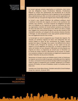 53
ETAT DE LA MIGRATION
DANS LE MONDE 2015
Les migrants et les villes :
de nouveaux partenariats
pour gérer la mobilité
2.3
SCHEMAS
MIGRATOIRES
Le Conseil regroupe soixante  organisations et institutions, dont trente
sont des délégations locales d’institutions fédérales, d’institutions
fédérées (y compris des représentants des Secrétariats de la sécurité
publique, des relations extérieures et de la migration) et de municipalités
(deux représentants par ville). Les trente autres sont des organisations de
la société civile qui s’occupent de migrants dans l’Etat de Baja California.
Le Conseil a pour objectif d’élaborer des politiques publiques visant
à améliorer le bien-être des migrants, de mener et de coordonner des
activités à leur intention, et de faire respecter les obligations énoncées
dans la loi fédérée sur les migrants par toutes les institutions de l’Etat.
Les organisations membres du Conseil prêtent assistance aux Mexicains
de retour des Etats-Unis, notamment en leur offrant une aide au voyage
pour regagner leur communauté d’origine, ainsi que des conseils et une
orientation culturelle, car la plupart ont vécu plusieurs dizaines d’années
à l’étranger. Un abri temporaire et des repas gratuits pendant 90 jours
leur sont également fournis à leur arrivée.
Le Conseil gère en outre le programme pour l’emploi des migrants. Par
exemple, de nombreux migrants de retour sont embauchés dans des
centres d’appel en raison de leur connaissance de l’anglais, acquise
pendant leur séjour à l’étranger. Pour autant, il est difficile de les retenir
et d’éviter qu’ils n’émigrent de nouveau, car leur salaire est bas par
rapport à ce qu’ils gagnaient aux Etats-Unis. Le Conseil a organisé trois
salons de l’emploi, au cours desquels 3 000 postes ont été proposés aux
migrants de retour. Le programme du Conseil pour la réinsertion sur
le marché du travail a permis à 500 d’entre eux de trouver un emploi.
Une assistance juridique et administrative est également proposée pour
faciliter l’obtention de documents d’identité.
Récemment, le Conseil a lancé une initiative visant à créer un Fonds pour
les migrants, qui servira à aider les groupes vulnérables parmi les migrants
de retour. Le Conseil et le Gouvernement de Baja California envisagent de
mettre en place un programme pour remédier rapidement à la situation
précaire d’El Gordo, une zone d’installation située à la frontière avec les
Etats-Unis.
Entretien avec Carlos Mora Alvarez, Président exécutif du Conseil étatique
chargé des migrants, 16 janvier 2015
2.3.1. Migration interne
L’influence réciproque des migrations internes et des environnements urbains
revêt diverses formes. Dans un certain nombre de pays du Sud, la migration
circulaire – consistant pour les migrants à quitter les zones rurales pour s’installer
en ville de manière temporaire – est un phénomène courant. A certains endroits,
les mouvements de migrants sont principalement interurbains, alors qu’ailleurs,
c’est la migration rurale-rurale qui continue de prédominer.
 