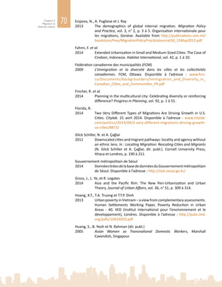 70Chapitre 2
Migration et
diversité urbaine
Esipova, N., A. Pugliese et J. Ray
2013	 The demographics of global internal migration. Migration Policy
and Practice, vol. 3, n° 2, p. 3 à 5. Organisation internationale pour
les migrations, Genève. Available from http://publications.iom.int/
bookstore/free/MigrationPolicyPracticeJournal10_15May2013.pdf
Fahmi, F. et al.
2014	 Extended Urbanization in Small and Medium-Sized Cities: The Case of
Cirebon, Indonesia. Habitat International, vol. 42, p. 1 à 10.
Fédération canadienne des municipalités (FCM)
2009	 L’immigration et la diversité dans les villes et les collectivités
canadiennes. FCM, Ottawa. Disponible à l’adresse  : www.fcm.
ca/Documents/backgrounders/Immigration_and_Diversity_in_
Canadian_Cities_and_Communities_FR.pdf
Fincher, R. et al.
2014	 Planning in the multicultural city: Celebrating diversity or reinforcing
difference? Progress in Planning, vol. 92, p. 1 à 55.
Florida, R.
2014	 Two Very Different Types of Migrations Are Driving Growth in U.S.
Cities. Citylab. 21  avril 2014. Disponible à l’adresse  : www.citylab.
com/politics/2014/04/2-very-different-migrations-driving-growth-
us-cities/8873/
Glick Schiller, N. et A. Çağlar
2011	 Downscaled cities and migrant pathways: locality and agency without
an ethnic lens. In : Locating Migration: Rescaling Cities and Migrants
(N. Glick Schiller et A. Çağlar, dir.  publ.). Cornell University Press,
Ithaca et Londres, p. 190 à 211.
Gouvernement métropolitain de Séoul
2014	 DonnéestiréesdelabasededonnéesduGouvernementmétropolitain
de Séoul. Disponible à l’adresse : http://stat.seoul.go.kr/
Gross, J., L. Ye, et R. Legates
2014	 Asia and the Pacific Rim: The New Peri-Urbanization and Urban
Theory. Journal of Urban Affairs, vol. 36, n° S1, p. 309 à 314.
Hoang, X.T., T.A. Truong et T.T.P. Dinh
2013	 Urban poverty in Vietnam – a view from complementary assessments.
Human Settlements Working Paper, Poverty Reduction in Urban
Areas - 40. IIED (Institut international pour l’environnement et le
développement), Londres. Disponible à l’adresse : http://pubs.iied.
org/pdfs/10633IIED.pdf
Huang, S., B. Yeoh et N. Rahman (dir. publ.)
2005	 Asian Women as Transnational Domestic Workers, Marshall
Cavendish, Singapour.
 