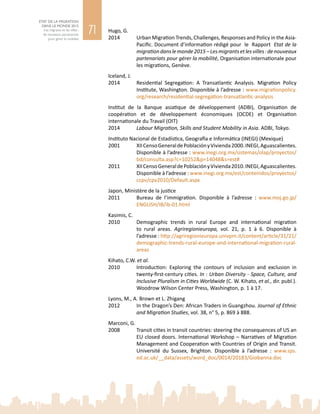71
ETAT DE LA MIGRATION
DANS LE MONDE 2015
Les migrants et les villes :
de nouveaux partenariats
pour gérer la mobilité
Hugo, G.
2014	 Urban Migration Trends, Challenges, Responses and Policy in the Asia-
Pacific. Document d’information rédigé pour le Rapport Etat de la
migrationdanslemonde2015–Lesmigrantsetlesvilles :denouveaux
partenariats pour gérer la mobilité, Organisation internationale pour
les migrations, Genève.
Iceland, J.
2014	 Residential Segregation: A Transatlantic Analysis. Migration Policy
Institute, Washington. Disponible à l’adresse : www.migrationpolicy.
org/research/residential-segregation-transatlantic-analysis
Institut de la Banque asiatique de développement (ADBI), Organisation de
coopération et de développement économiques (OCDE) et Organisation
internationale du Travail (OIT)
2014	 Labour Migration, Skills and Student Mobility in Asia. ADBI, Tokyo.
Instituto Nacional de Estadística, Geografía e Informática (INEGI) (Mexique)
2001	 XIICensoGeneraldePoblaciónyVivienda2000.INEGI,Aguascalientes.
Disponible à l’adresse : www.inegi.org.mx/sistemas/olap/proyectos/
bd/consulta.asp?c=10252&p=14048&s=est#
2011	 XIICensoGeneraldePoblaciónyVivienda2010.INEGI,Aguascalientes.
Disponible à l’adresse : www.inegi.org.mx/est/contenidos/proyectos/
ccpv/cpv2010/Default.aspx
Japon, Ministère de la justice
2011	 Bureau de l’immigration. Disponible à l’adresse  : www.moj.go.jp/
ENGLISH/IB/ib-01.html
Kasimis, C.
2010	 Demographic trends in rural Europe and international migration
to rural areas. Agriregionieuropa, vol.  21, p.  1 à  6. Disponible à
l’adresse : http://agriregionieuropa.univpm.it/content/article/31/21/
demographic-trends-rural-europe-and-international-migration-rural-
areas
Kihato, C.W. et al.
2010	 Introduction: Exploring the contours of inclusion and exclusion in
twenty-first-century cities. In : Urban Diversity - Space, Culture, and
Inclusive Pluralism in Cities Worldwide (C. W. Kihato, et al., dir. publ.).
Woodrow Wilson Center Press, Washington, p. 1 à 17.
Lyons, M., A. Brown et L. Zhigang
2012	 In the Dragon’s Den: African Traders in Guangzhou. Journal of Ethnic
and Migration Studies, vol. 38, n° 5, p. 869 à 888.
Marconi, G.
2008	 Transit cities in transit countries: steering the consequences of US an
EU closed doors. International Workshop – Narratives of Migration
Management and Cooperation with Countries of Origin and Transit.
Université du Sussex, Brighton. Disponible à l’adresse  : www.sps.
ed.ac.uk/__data/assets/word_doc/0014/20183/Giobanna.doc
 