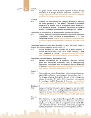 72Chapitre 2
Migration et
diversité urbaine
Münz, R.
2014	 The global race for talent: Europe’s migration challenge. Bruegel
Policy Brief n° 2. Bruegel, Bruxelles. Disponible à l’adresse : www.
bruegel.org/publications/publication-detail/publication/819-the-
global-race-for-talent-europes-migration-challenge/
Murillo, F.
2014	 Migration and urbanization paths: Emerging challenges of reshaping
the human geography of Latin America. Document d’information
rédigé pour le Rapport Etat de la migration dans le monde 2015
– Les migrants et les villes : de nouveaux partenariats pour gérer la
mobilité, Organisation internationale pour les migrations, Genève.
Organisation de coopération et de développement économiques (OCDE)
2011	 Tackling the Policy Challenges of Migration: Regulation, Integration,
Development. Etudes du Centre de développement, OCDE, Paris.
Disponibleàl’adresse :www.oecd-ilibrary.org/social-issues-migration-
health/tackling-the-policy-challenges-of-migration_9789264126398-
en
Organisation des Nations Unies pour l’éducation, la science et la culture (UNESCO)
et Fonds des Nations Unies pour l’enfance (UNICEF)
2012	 Internal Migration in India Initiative: For a Better Inclusion of
Internal Migrants in India – Policy Brief. UNESCO et UNICEF, New
Delhi. Disponible à l’adresse  : www.unesco.org/new/fileadmin/
MULTIMEDIA/FIELD/New_Delhi/pdf/Policy_briefs_full_low_01.pdf
Organisation internationale pour les migrations (OIM)
2014	 Dialogue international sur la migration, Migration Sud-Sud:
Nouer des partenariats stratégiques pour le développement,
Organization international pour les migrations, Genève. Disponible
à l’adresse : http://publications.iom.int/bookstore/index.php?main_
page=product_info&cPath=55&products_id=1395
Ostanel, E.
2011	 Citizenship in the making: Mozambicans in Johannesburg. Document
présenté à la conférence internationale du Research Committee 21 :
The struggle to belong: Dealing with diversity in 21st century urban
settings. Amsterdam, 7‑9  juillet 2011. Association internationale
de sociologie, Madrid. Disponible à l’adresse  : www.rc21.org/
conferences/amsterdam2011/edocs/Session%209/9-1-Ostanel.pdf
Özbabacan, A.
2012	 Europeancities:Fromintegrationtodiversitypolicies.MigrationPolicy
Practice, vol. II, n° 4, p. 11 à 14. Organisation internationale pour les
migrations, Genève. Disponible à l’adresse : http://publications.iom.
int/bookstore/free/MigrationPolicyPracticeJournal_11Sept2012.pdf
Price, M.
2014	 Cities Welcoming Immigrants: Local Strategies to Attract and Retain
Immigrants in U.S. Metropolitan Areas. Document d’information
rédigé pour le Rapport Etat de la migration dans le monde 2015
– Les migrants et les villes : de nouveaux partenariats pour gérer la
mobilité, Organisation internationale pour les migrations, Genève.
 