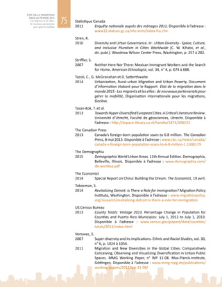 75
ETAT DE LA MIGRATION
DANS LE MONDE 2015
Les migrants et les villes :
de nouveaux partenariats
pour gérer la mobilité
Statistique Canada
2011	 Enquête nationale auprès des ménages 2011. Disponible à l’adresse :
www12.statcan.gc.ca/nhs-enm/index-fra.cfm
Stren, R.
2010	 Diversity and Urban Governance. In : Urban Diversity - Space, Culture,
and Inclusive Pluralism in Cities Worldwide (C. W. Kihato, et  al.,
dir. publ.). Woodrow Wilson Center Press, Washington, p. 257 à 282.
Striffler, S.
2007	 Neither Here Nor There: Mexican Immigrant Workers and the Search
for Home. American Ethnologist, vol. 34, n° 4, p. 674 à 688.
Tacoli, C., G. McGranahan et D. Satterthwaite
2014	 Urbanization, Rural-urban Migration and Urban Poverty. Document
d’information élaboré pour le Rapport Etat de la migration dans le
monde2015-Lesmigrantsetlesvilles :denouveauxpartenariatspour
gérer la mobilité, Organisation internationale pour les migrations,
Genève.
Tasan-Kok, T. et al.
2013	 TowardsHyper-DiversifiedEuropeanCities:ACriticalLiteratureReview.
Université d’Utrecht, Faculté de géosciences, Utrecht. Disponible à
l’adresse : http://dspace.library.uu.nl/handle/1874/308523
The Canadian Press
2013	 Canada’s foreign-born population soars to 6.8 million. The Canadian
Press, 8 mai 2013. Disponible à l’adresse : www.cbc.ca/news/canada/
canada-s-foreign-born-population-soars-to-6-8-million-1.1308179
The Demographia
2015	 Demographia World Urban Areas. 11th Annual Edition. Demographia,
Belleville, Illinois. Disponible à l’adresse  : www.demographia.com/
db-worldua.pdf
The Economist
2014	 Special Report on China: Building the Dream. The Economist, 19 avril.
Tobocman, S.
2014	 Revitalizing Detroit: Is There a Role for Immigration? Migration Policy
Institute, Washington. Disponible à l’adresse : www.migrationpolicy.
org/research/revitalizing-detroit-is-there-a-role-for-immigration
US Census Bureau
2013	 County Totals: Vintage 2013. Percentage Change in Population for
Counties and Puerto Rico Municipios: July 1, 2012 to July 1, 2013.
Disponible à l’adresse  : www.census.gov/popest/data/counties/
totals/2013/index.html
Vertovec, S.
2007	 Super-diversity and its implications. Ethnic and Racial Studies, vol. 30,
n° 6, p. 1024 à 1054.
2011	 Migration and New Diversities in the Global Cities: Comparatively
Conceiving, Observing and Visualizing Diversification in Urban Public
Spaces. MMG Working Paper, n°  WP  11-08. Max-Planck-Institute,
Göttingen. Disponible à l’adresse : www.mmg.mpg.de/publications/
working-papers/2011/wp-11-08/
 