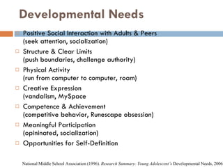 Developmental Needs Positive Social Interaction with Adults & Peers (seek attention, socialization) Structure & Clear Limits (push boundaries, challenge authority) Physical Activity (run from computer to computer, roam)  Creative Expression (vandalism, MySpace Competence & Achievement (competitive behavior, Runescape obsession) Meaningful Participation (opininated, socialization) Opportunities for Self-Definition National Middle School Association (1996).  Research Summary: Young Adolescent’s  Developmental Needs, 2006 