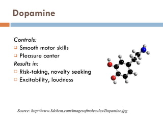 Dopamine Controls: Smooth motor skills Pleasure center Results in:  Risk-taking, novelty seeking Excitability, loudness Source: http://www.3dchem.com/imagesofmolecules/Dopamine.jpg 