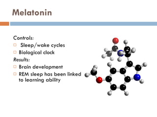 Melatonin Controls: Sleep/wake cycles Biological clock  Results:  Brain development REM sleep has been linked to learning ability 