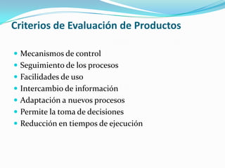 Características Típicas	Seguimiento del procesoEl sistema puede proporcionar información valiosa sobre las actuales:		Cargas de trabajo,		La carga de trabajo futuro			 Los cuellos de botella (actual o potencial)
