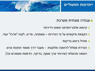 ‫מונחית‬ ‫עבודה‬‫מערכת‬
‫וידידותי‬ ‫פשוט‬ ‫אלגוריתמיקה‬ ‫קינפוג‬
‫הגדרות‬ ‫פי‬ ‫על‬ ‫מיקומים‬ ‫הקצאת‬–‫משפחה‬,‫פריט‬,‫לקוח‬"‫מרכז‬"‫ועוד‬.
‫בדיקות‬ ‫ביצוע‬ ‫מודול‬
‫מלוקטת‬ ‫להזמנה‬ ‫מסלול‬ ‫הגדרת‬-‫טרם‬ ‫תחנות‬ ‫מספר‬ ‫דרך‬ ‫מעבר‬
‫מהמלאי‬ ‫הוצאה‬(‫מוסף‬ ‫ערך‬ ‫שירותי‬,‫בדיקה‬,‫וכו‬ ‫מסמכים‬ ‫הדפסת‬')
‫תפעוליים‬ ‫ייתרונות‬
 