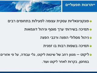 ‫עצומה‬ ‫עסקית‬ ‫פונקציונאליות‬‫רבים‬ ‫בתחומים‬ ‫לפעילות‬
‫דוגמאות‬ ‫וניהול‬ ‫מוסף‬ ‫ערך‬ ‫בשירותי‬ ‫תמיכה‬
‫ורכבי‬ ‫הפצה‬ ‫מסלולי‬ ‫ניהול‬‫הפצה‬
‫זמנית‬ ‫בו‬ ‫רבות‬ ‫בשפות‬ ‫תמיכה‬
‫ליקוט‬–‫ליקוט‬ ‫שיטות‬ ‫של‬ ‫רחב‬ ‫מגוון‬,‫עבודה‬ ‫גלי‬,‫אזורים‬ ‫פי‬ ‫על‬
‫במחסן‬,‫בקרות‬‫ועוד‬ ‫ליקוט‬ ‫לאחר‬.
‫תפעוליים‬ ‫ייתרונות‬
 