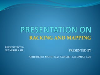 RACKING AND MAPPING
PRESENTED BY
ABHISHEK(1), MOHIT (29), SAURABH (41) SIMPLE ( 46)
PRESENTED TO-
O.P MISHRA SIR
 