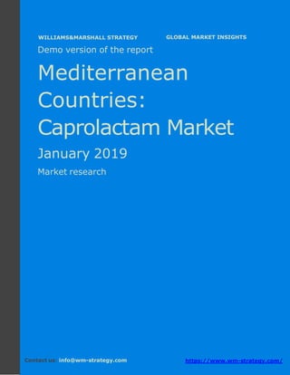 Demo version the Mediterranean countries:
Ammonium Sulphate Market.
April 2018
Page 1 of 49 www.wm-strategy.com
j GLOBAL MARKET INSIGHTS
Demo version of the report
Mediterranean
Countries:
Caprolactam Market
January 2019
Market research
Contact us: info@wm-strategy.com https://www.wm-strategy.com/
WILLIAMS&MARSHALL STRATEGY
 