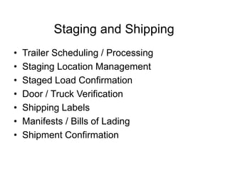Staging and Shipping
• Trailer Scheduling / Processing
• Staging Location Management
• Staged Load Confirmation
• Door / Truck Verification
• Shipping Labels
• Manifests / Bills of Lading
• Shipment Confirmation
 