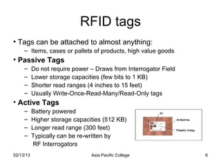 RFID tags
• Tags can be attached to almost anything:
     – Items, cases or pallets of products, high value goods
• Passive Tags
     –     Do not require power – Draws from Interrogator Field
     –     Lower storage capacities (few bits to 1 KB)
     –     Shorter read ranges (4 inches to 15 feet)
     –     Usually Write-Once-Read-Many/Read-Only tags
• Active Tags
     –     Battery powered
     –     Higher storage capacities (512 KB)
     –     Longer read range (300 feet)
     –     Typically can be re-written by
           RF Interrogators
02/13/13                        Asia Pacific College              6
 